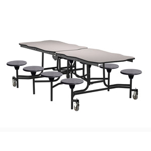 Mobile Cafeteria Table with 8 Stools, 8' Bedrock, Plywood Core, Vinyl T-Mold Edge, Textured Black Frame