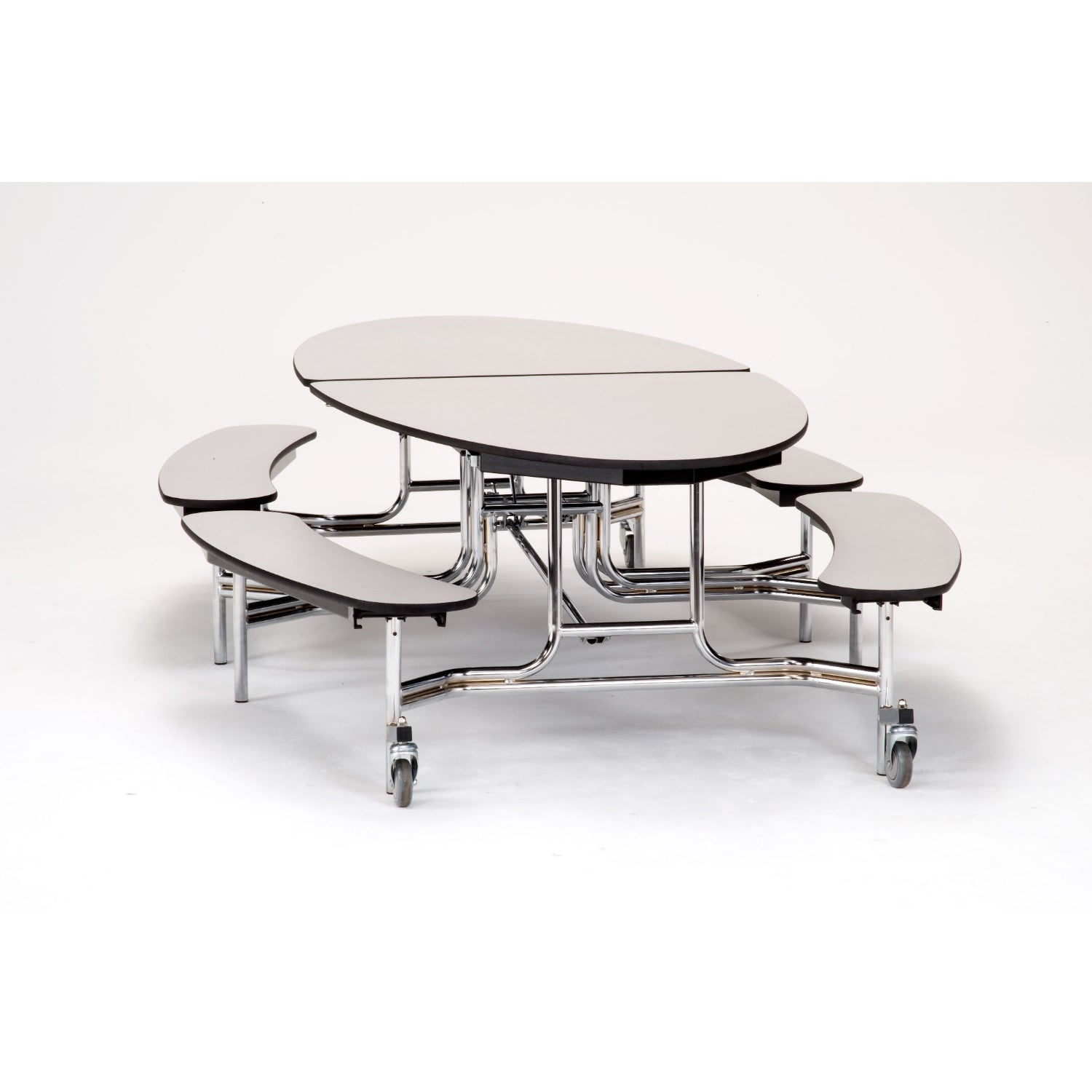 Mobile Cafeteria Table with Benches, 10' Elliptical, MDF Core, ProtectEdge, Chrome Frame
