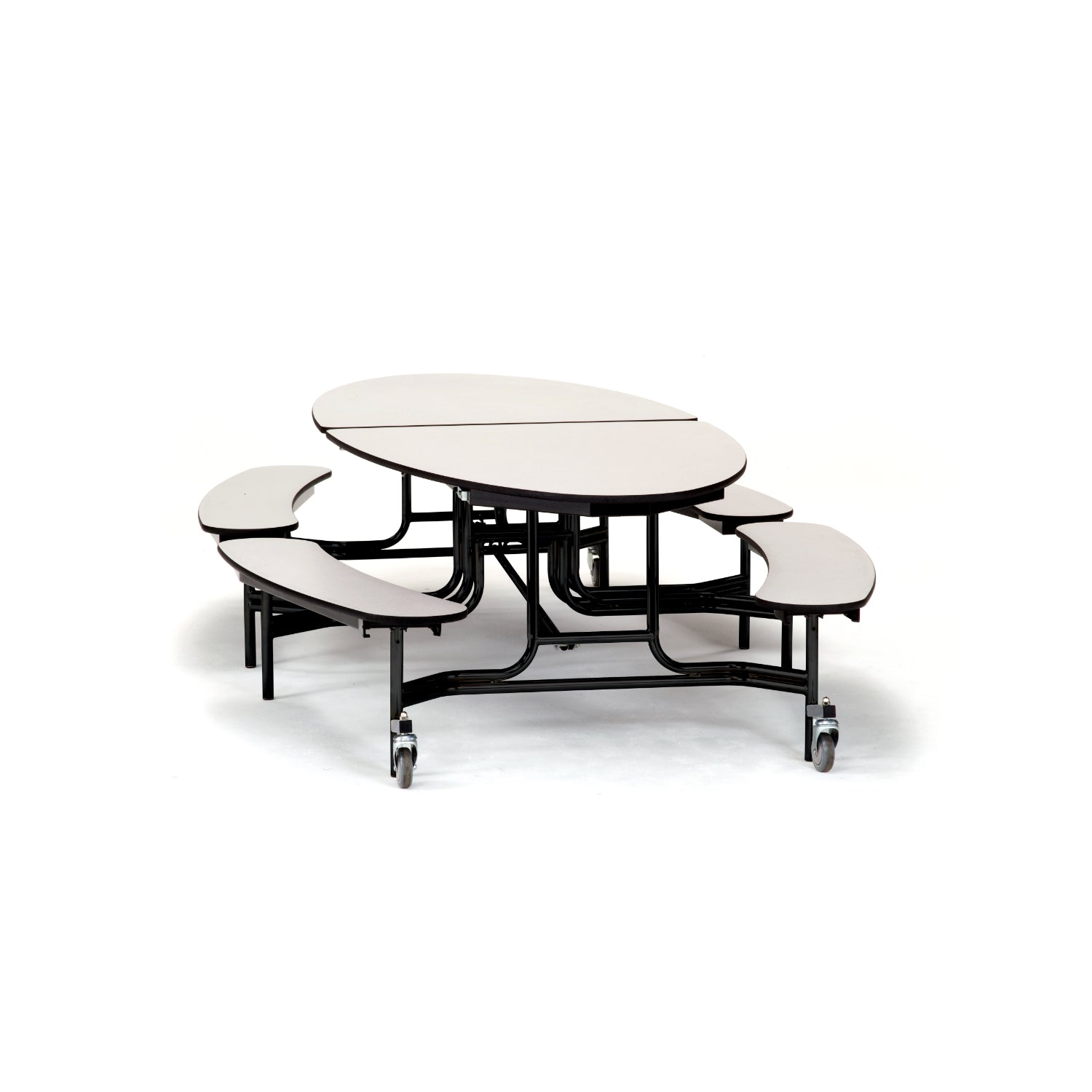 Mobile Cafeteria Table with Benches, 10' Elliptical, MDF Core, Black ProtectEdge, Textured Black Frame
