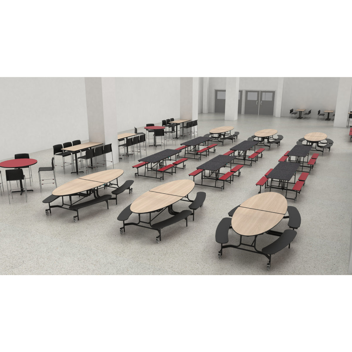 Mobile Cafeteria Table with Benches, 10' Elliptical, MDF Core, Black ProtectEdge, Textured Black Frame