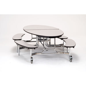 Mobile Cafeteria Table with Benches, 10' Elliptical, Plywood Core, Vinyl T-Mold Edge, Chrome Frame