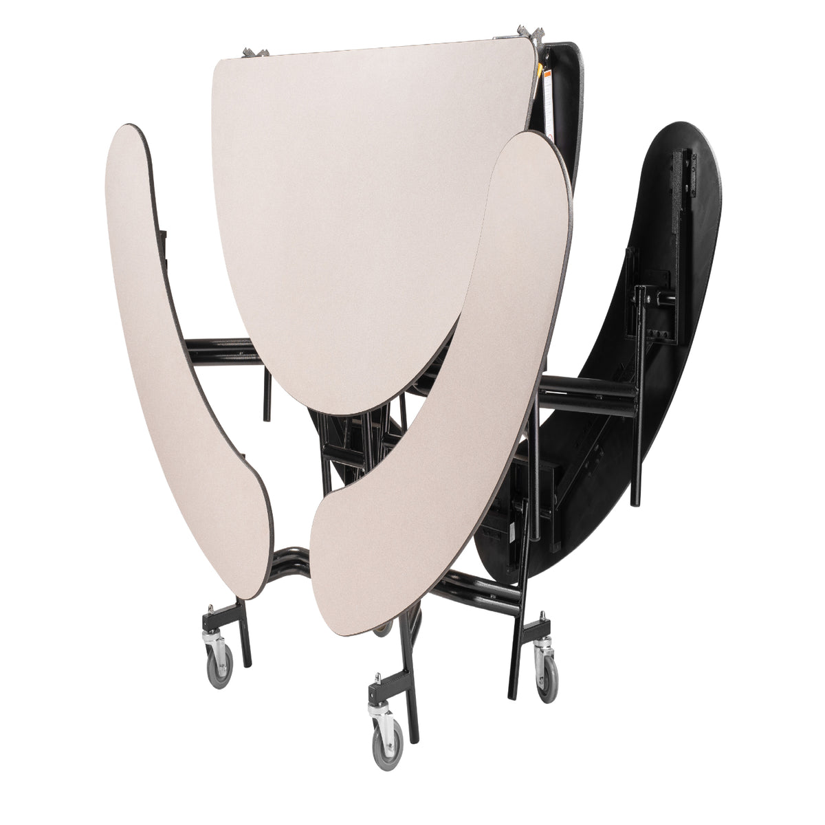 Mobile Cafeteria Table with Benches, 10' Elliptical, Plywood Core, Vinyl T-Mold Edge, Textured Black Frame