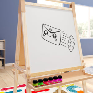 Bright Beginnings Commercial Grade Classroom Freestanding Wood Art Easel with Chalk Board, Dry-Erase Board, 2 Trays, Paper Roller, Paper Tear Bar, Natural Finish