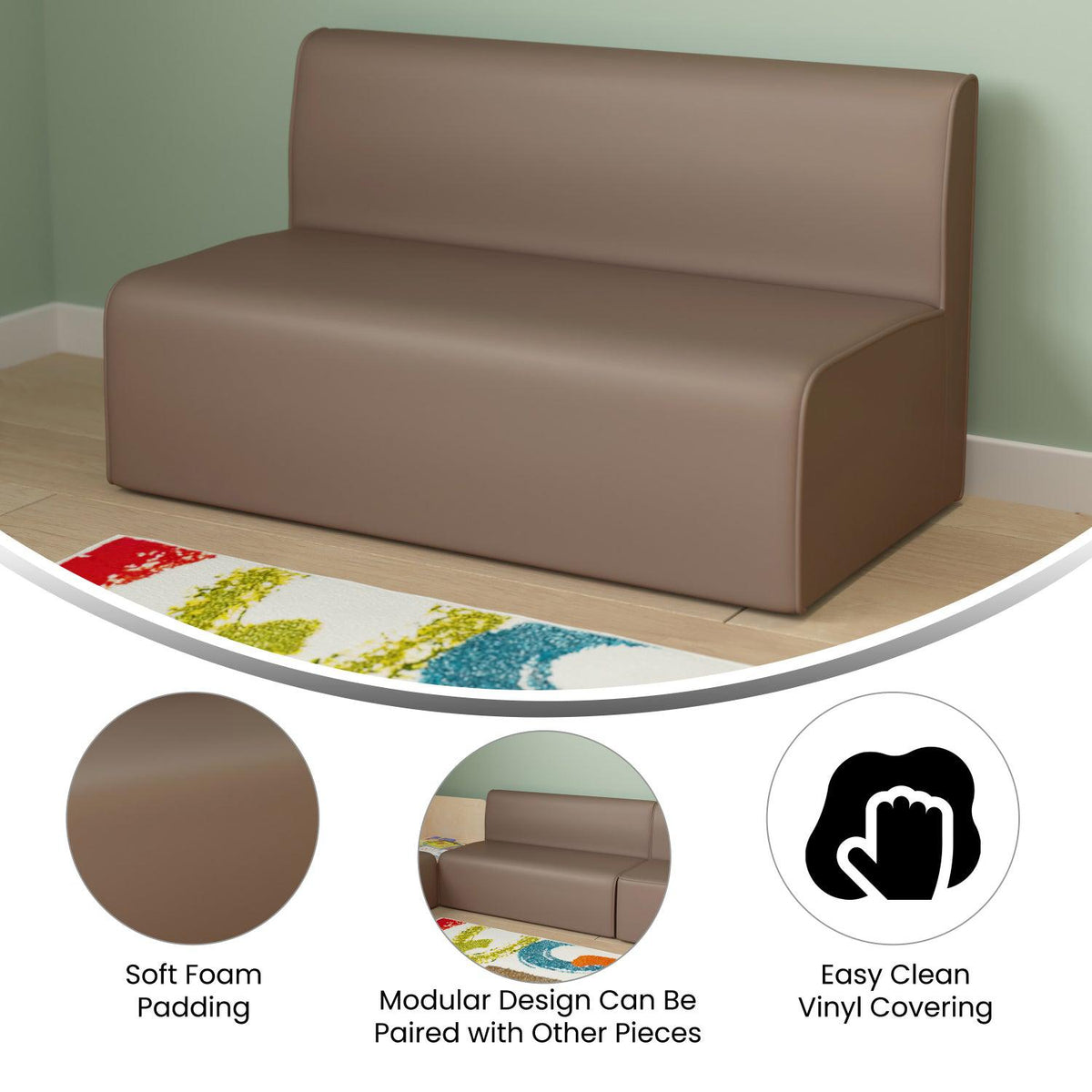 Bright Beginnings Commercial Grade Modular Classroom Soft Seating, Armless 2-Seater Sofa, Neutral Vinyl