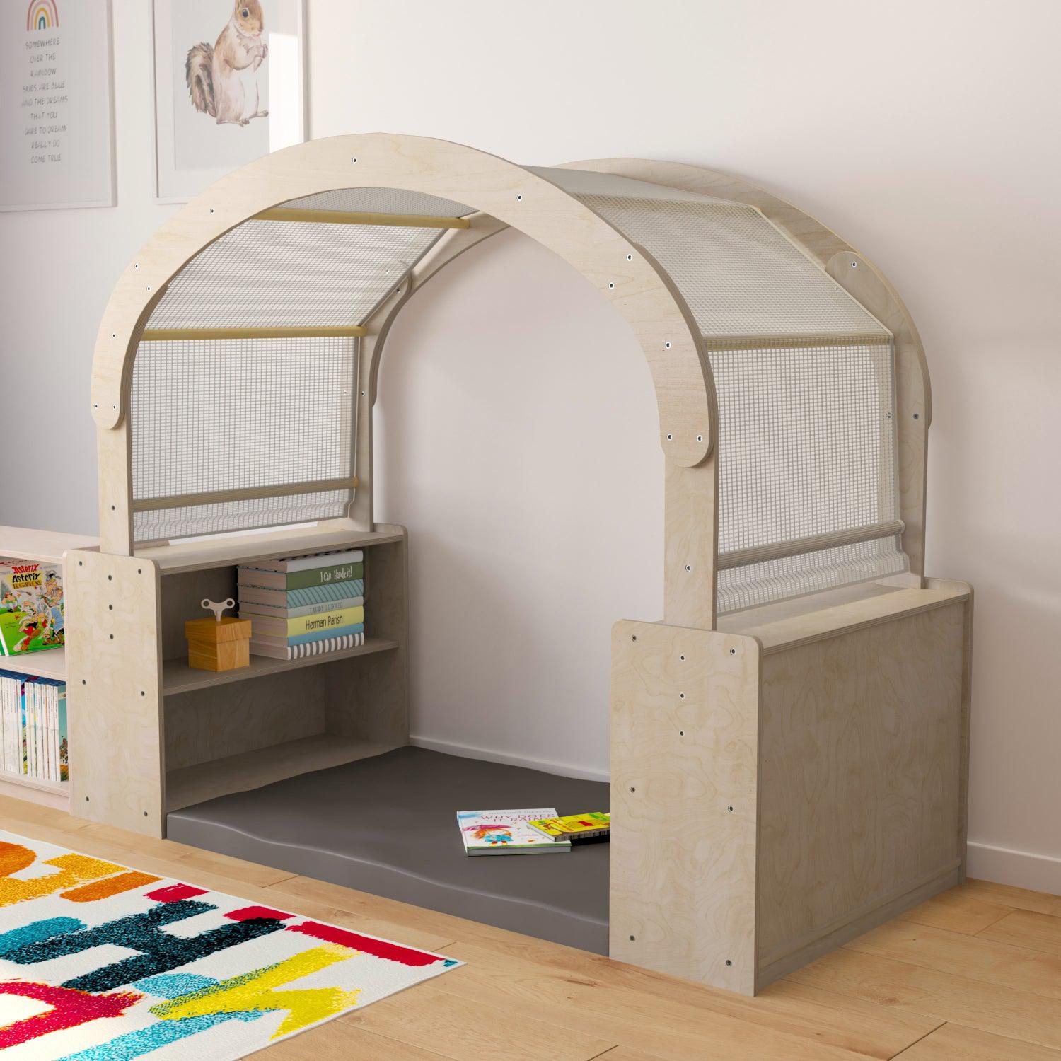 Bright Beginnings Commercial Grade Wooden Quiet Corner Reading Nook with Two Storage Shelf Units and Canopy
