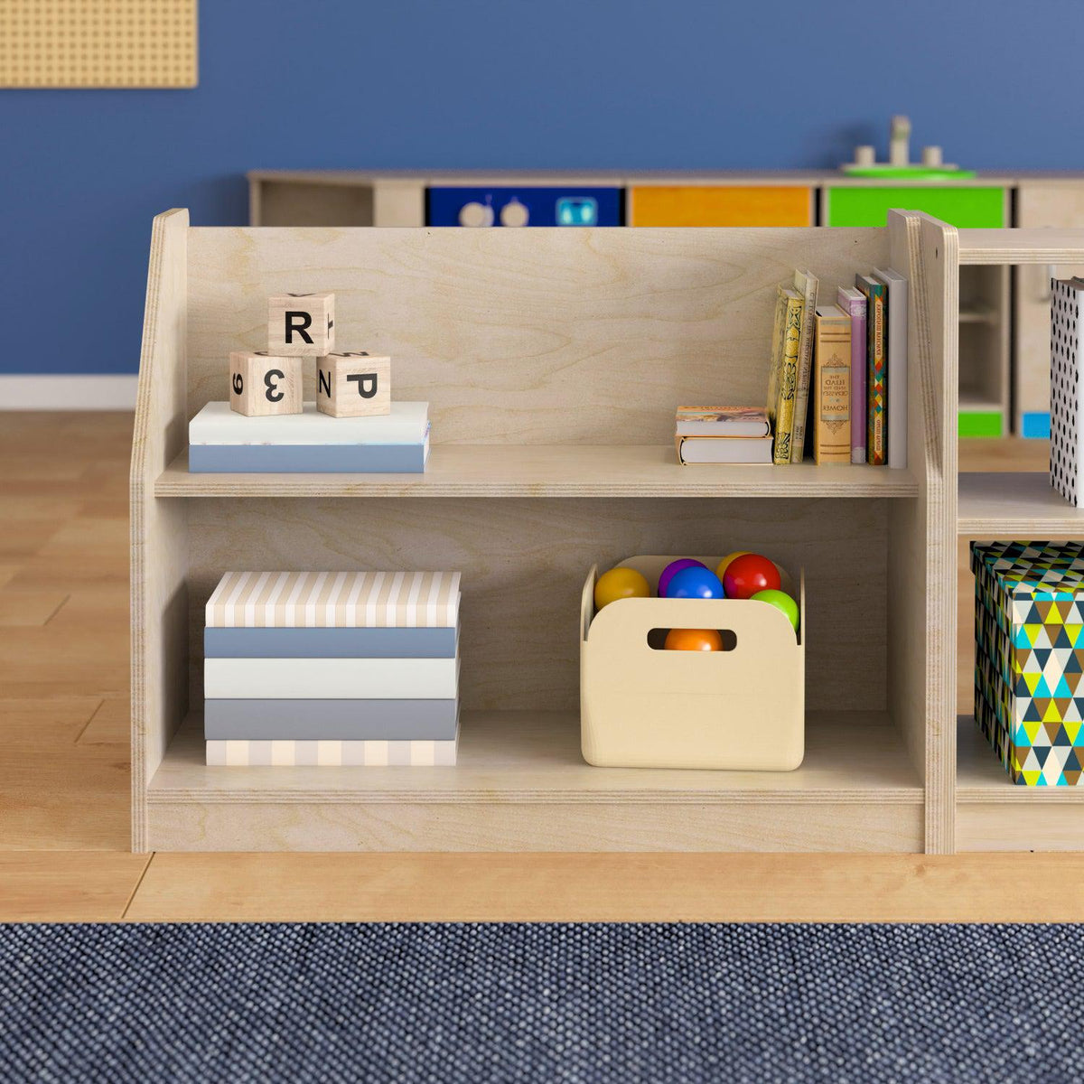 Bright Beginnings Commercial Grade Modular 2 Shelf Wooden Classroom Display Shelf, Natural Finish