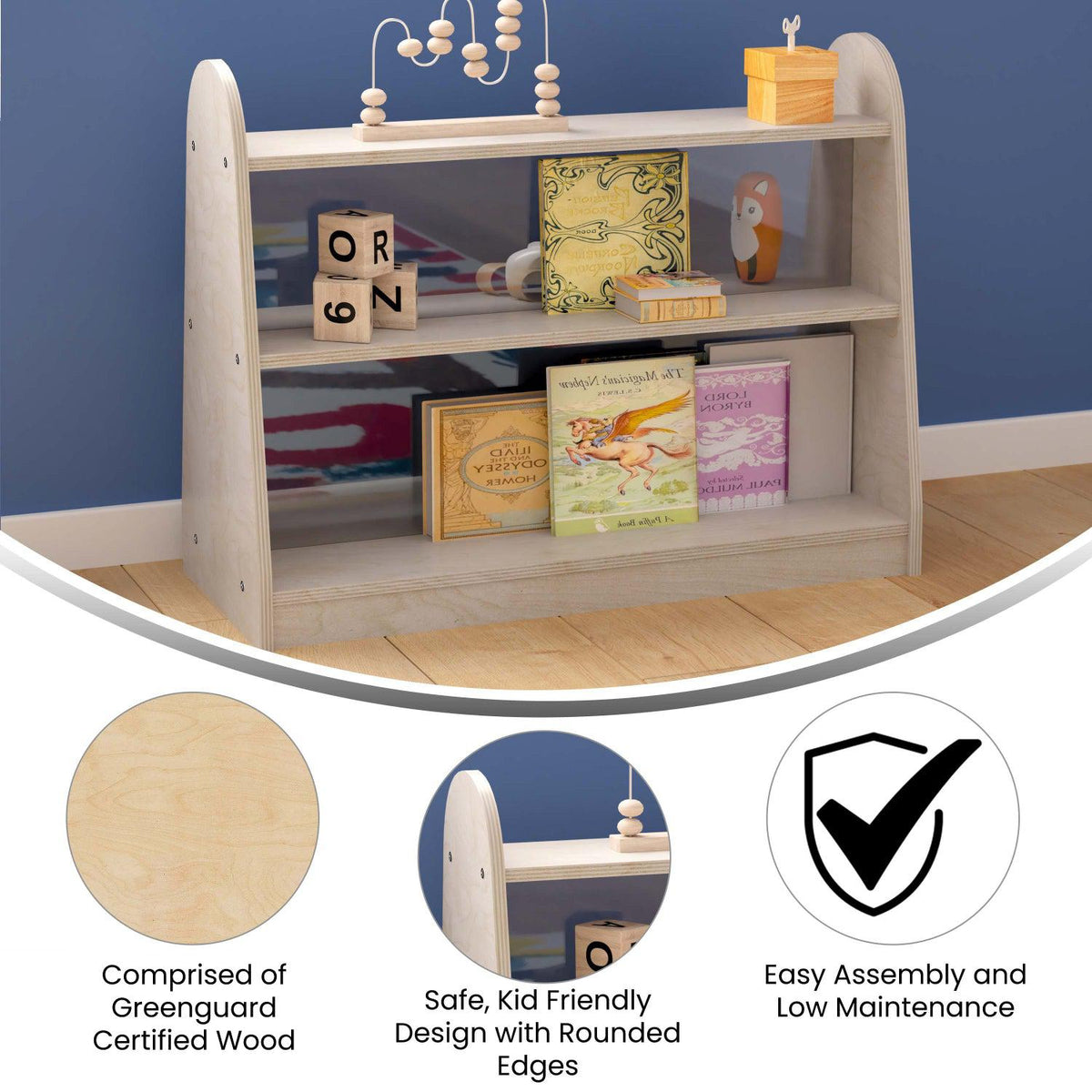 Bright Beginnings Commercial Grade 3 Shelf Double Sided Wooden Classroom Storage Unit with Clear Plastic Divider, Natural Finish
