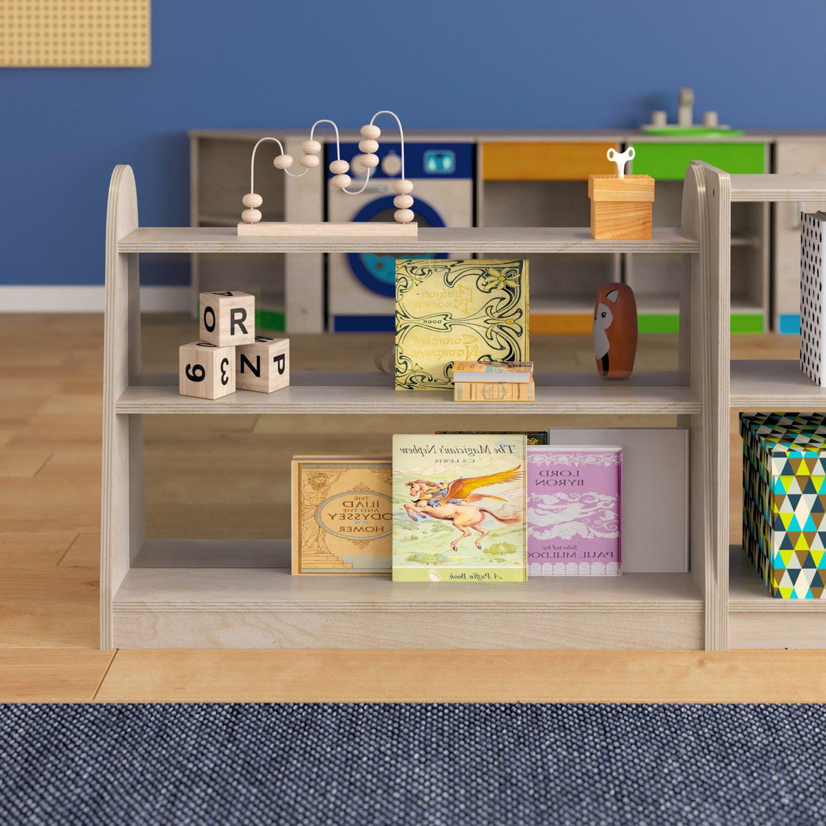 Bright Beginnings Commercial Grade 3 Shelf Double Sided Wooden Classroom Storage Unit with Clear Plastic Divider, Natural Finish