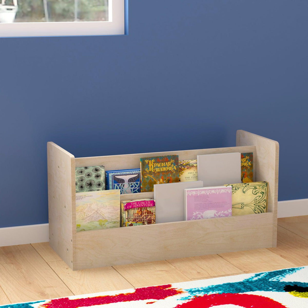 Bright Beginnings Commercial Grade Modular Double Sided 2 Tier Wooden Classroom Book Display Shelf, Natural Finish