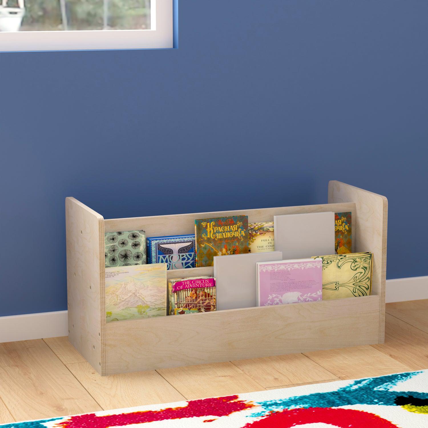 Bright Beginnings Commercial Grade Modular Double Sided 2 Tier Wooden Classroom Book Display Shelf, Natural Finish