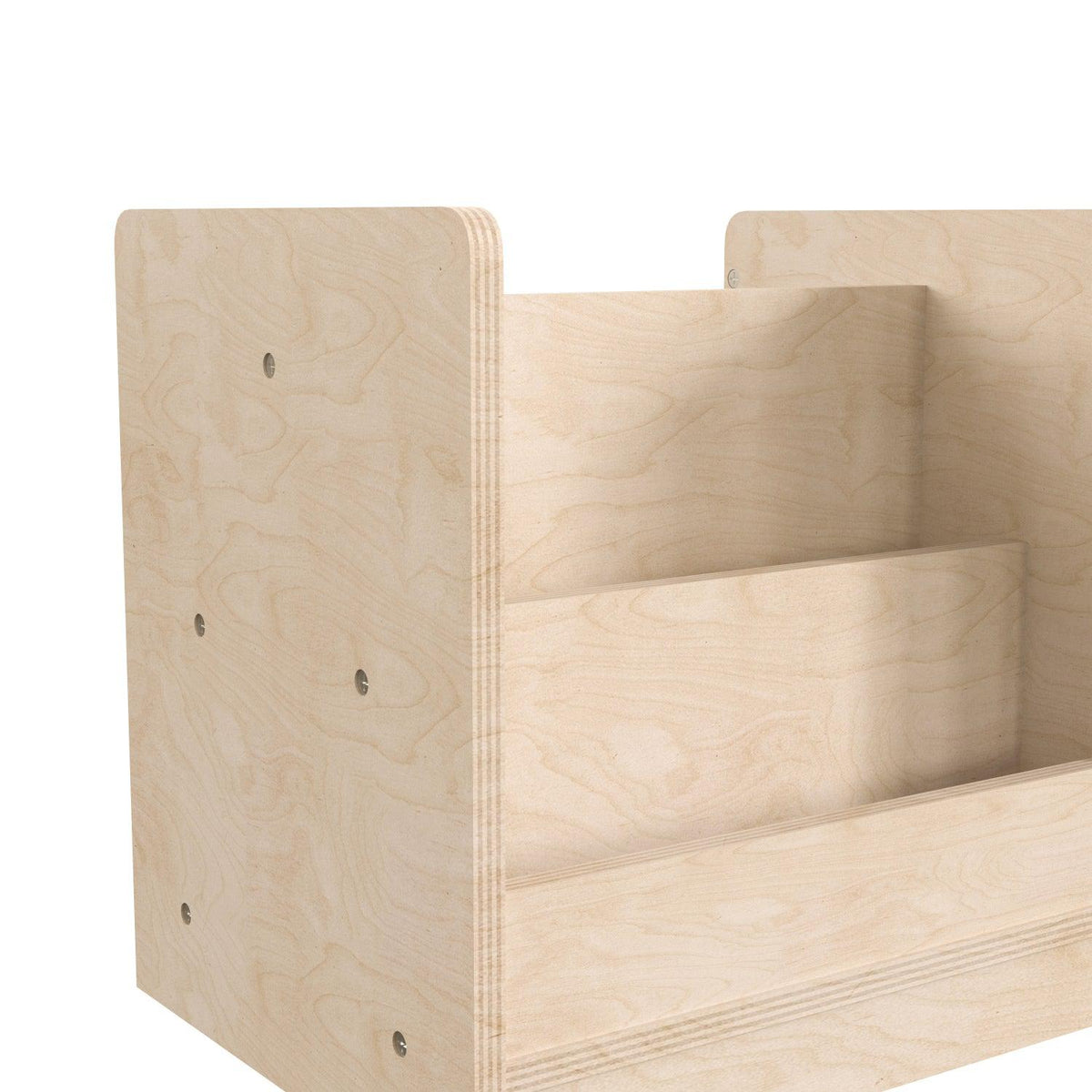 Bright Beginnings Commercial Grade Modular Double Sided 2 Tier Wooden Classroom Book Display Shelf with Transparent Storage Bin, Natural