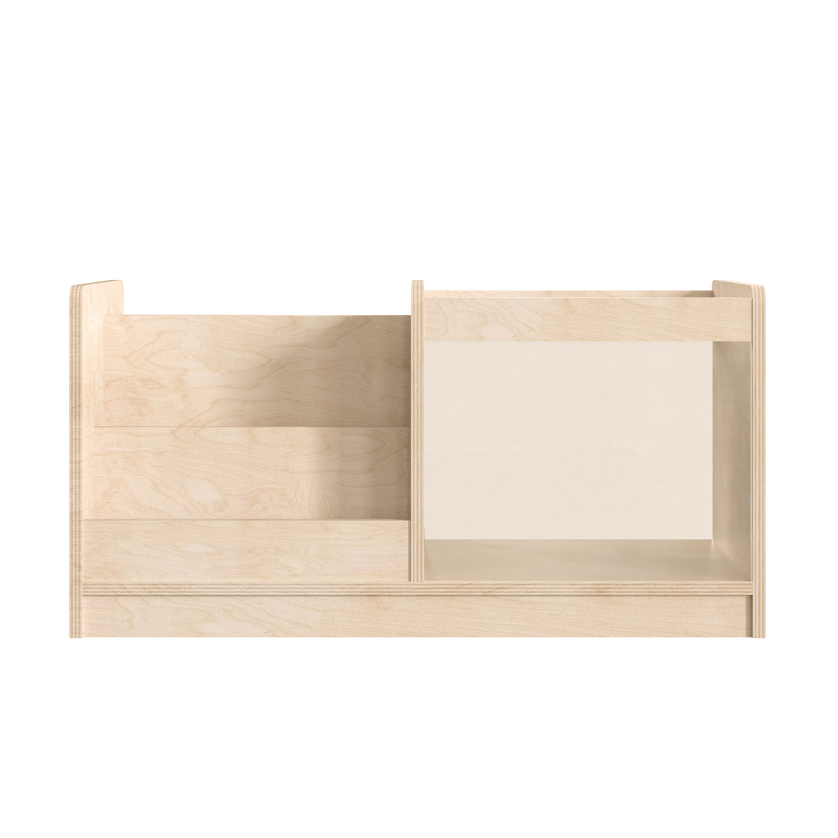 Bright Beginnings Commercial Grade Modular Double Sided 2 Tier Wooden Classroom Book Display Shelf with Transparent Storage Bin, Natural