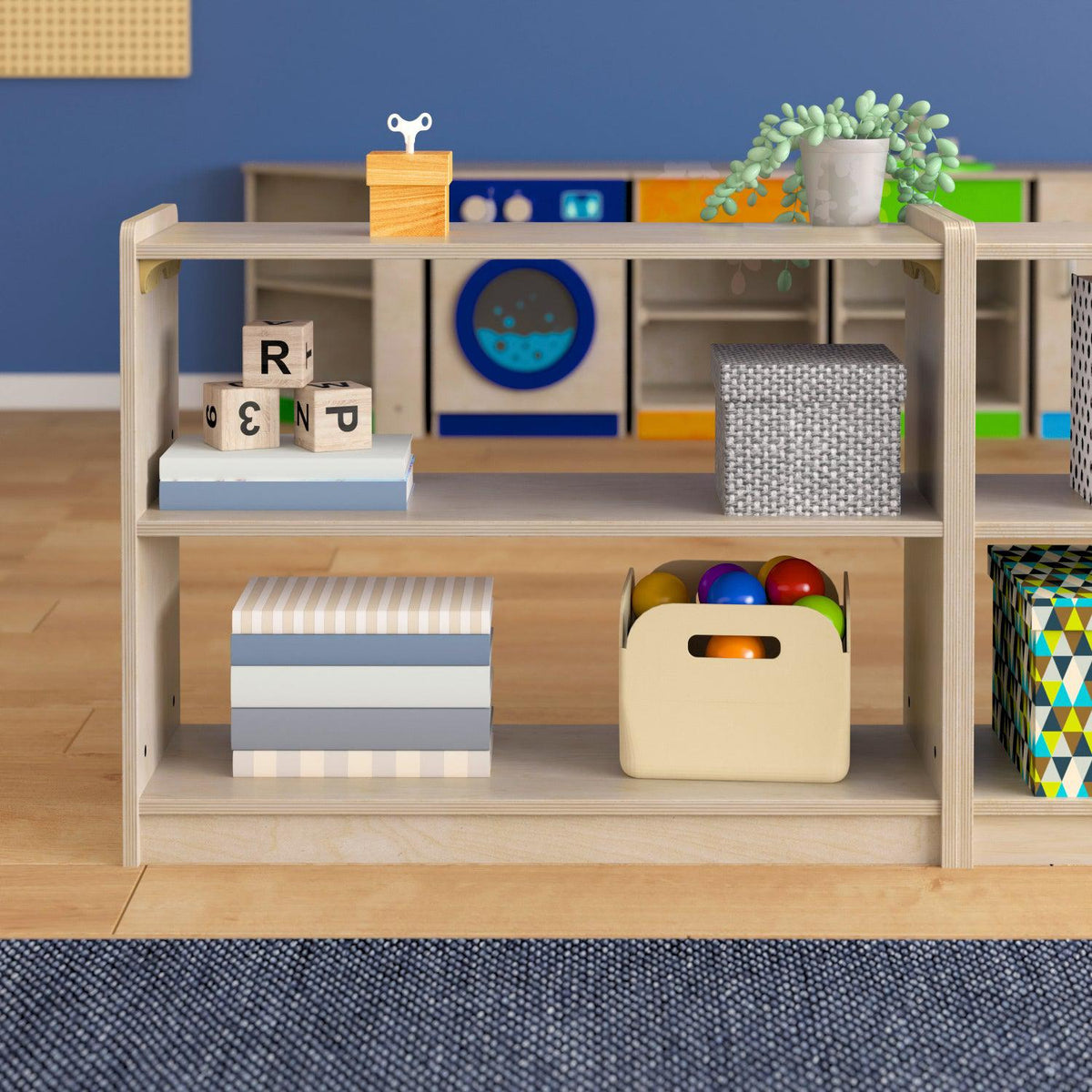 Bright Beginnings Commercial Grade 2 Shelf Wooden Classroom Open Storage Unit, Natural Finish