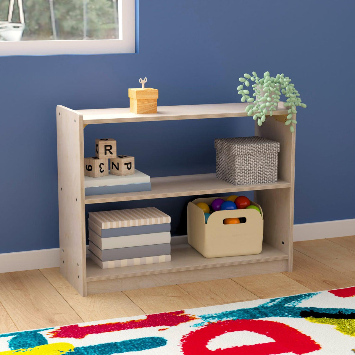 Bright Beginnings Commercial Grade 2 Shelf Wooden Classroom Open Storage Unit, Natural Finish