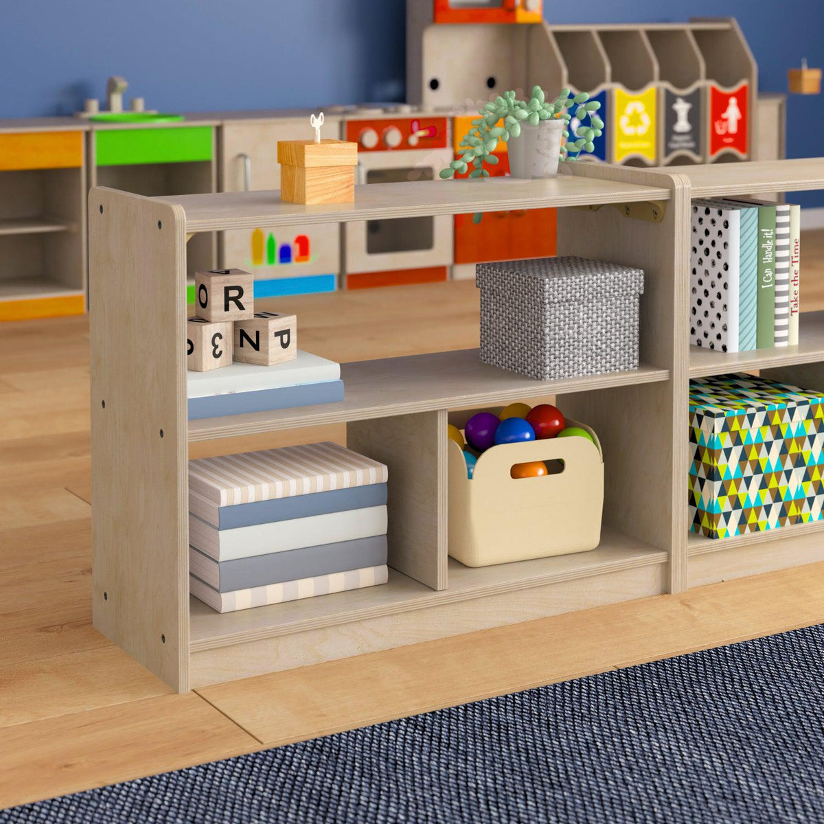 Bright Beginnings Commercial Grade 3 Section Modular Wooden Classroom Open Storage Unit,  Natural Finish