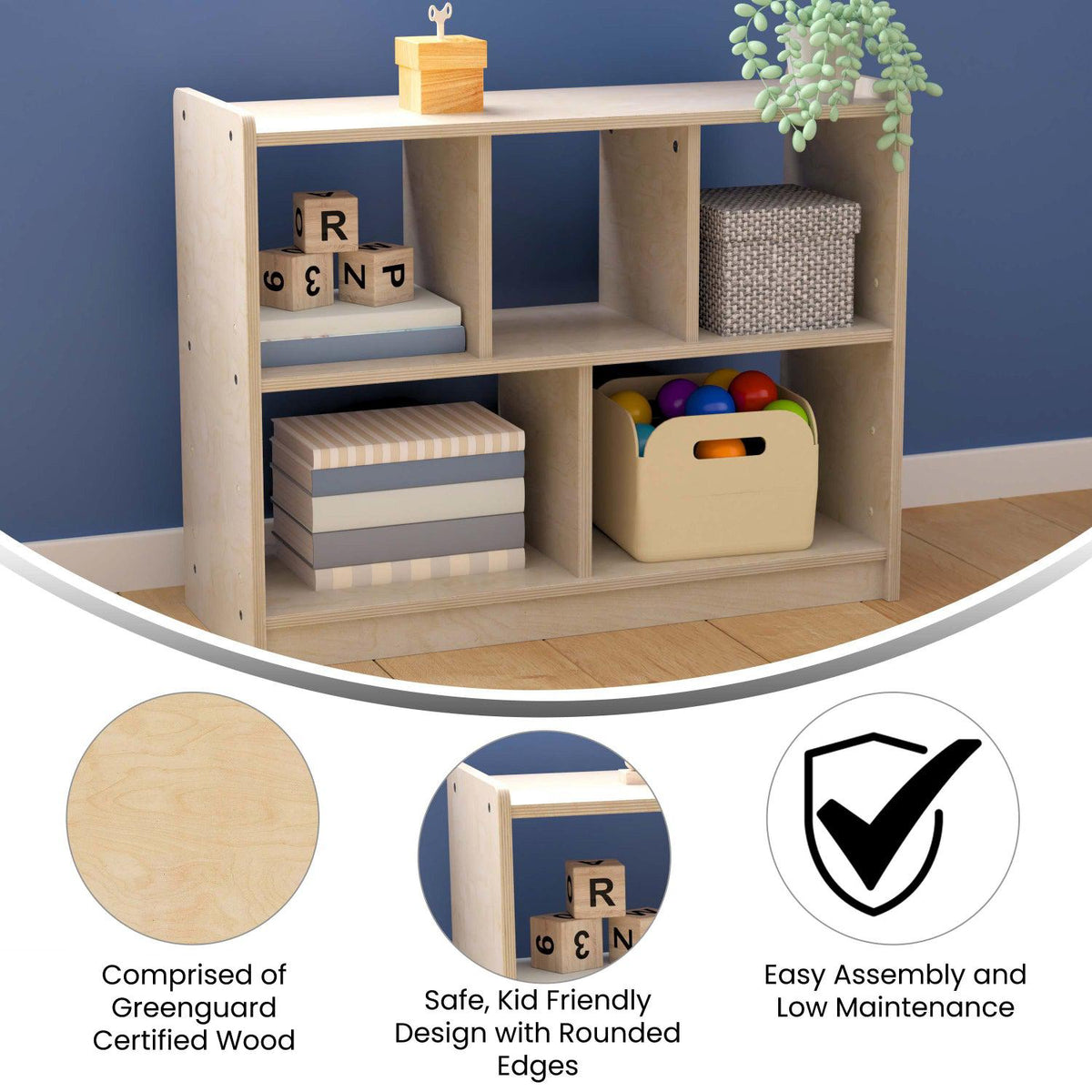 Bright Beginnings Commercial Grade 5 Section Modular Wooden Classroom Open Storage Unit, Natural Finish
