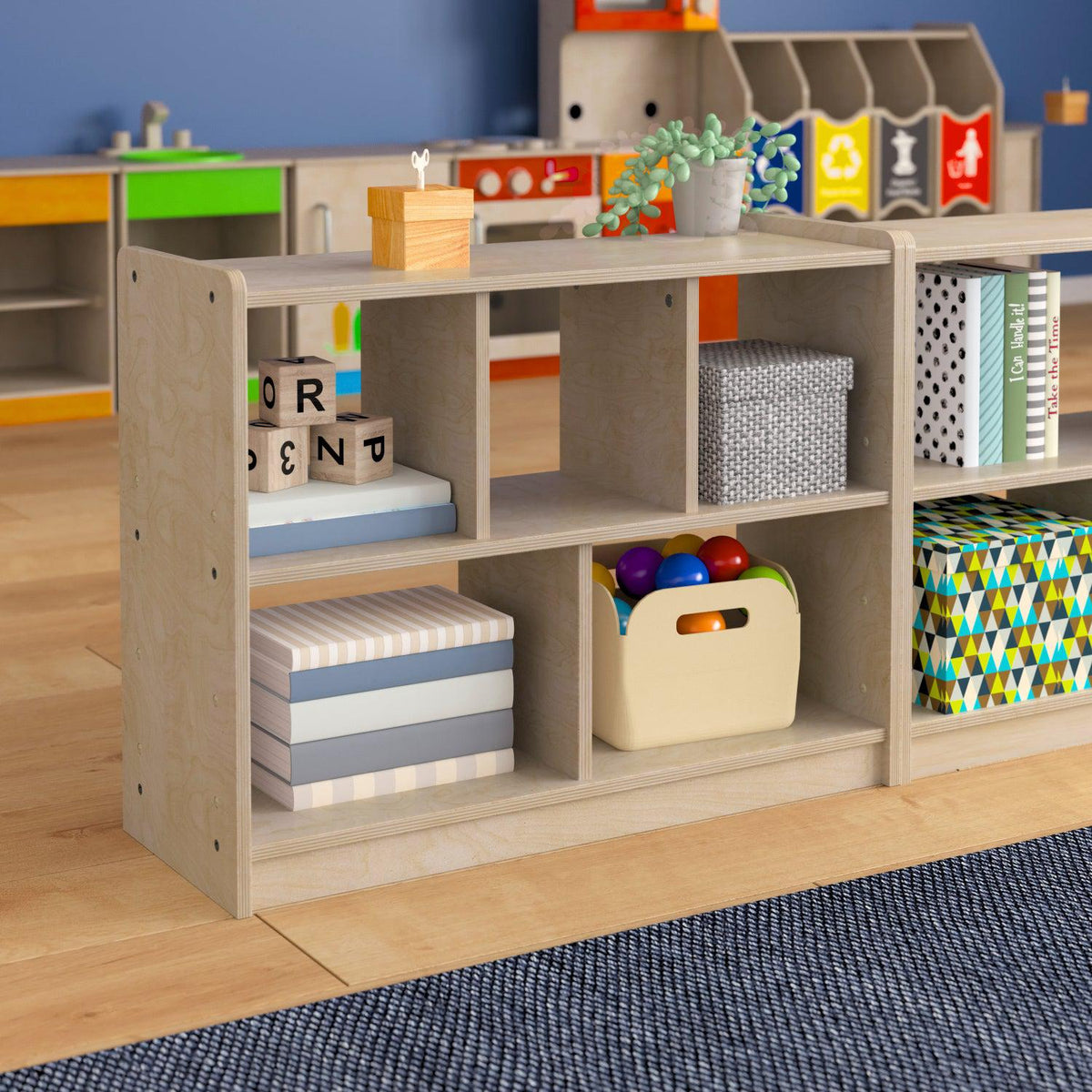 Bright Beginnings Commercial Grade 5 Section Modular Wooden Classroom Open Storage Unit, Natural Finish