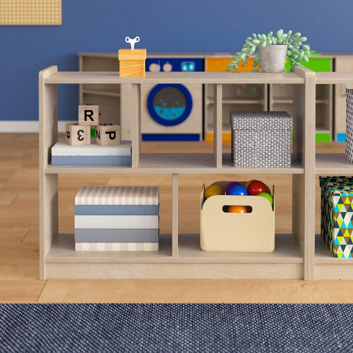 Bright Beginnings Commercial Grade 5 Section Modular Wooden Classroom Open Storage Unit, Natural Finish