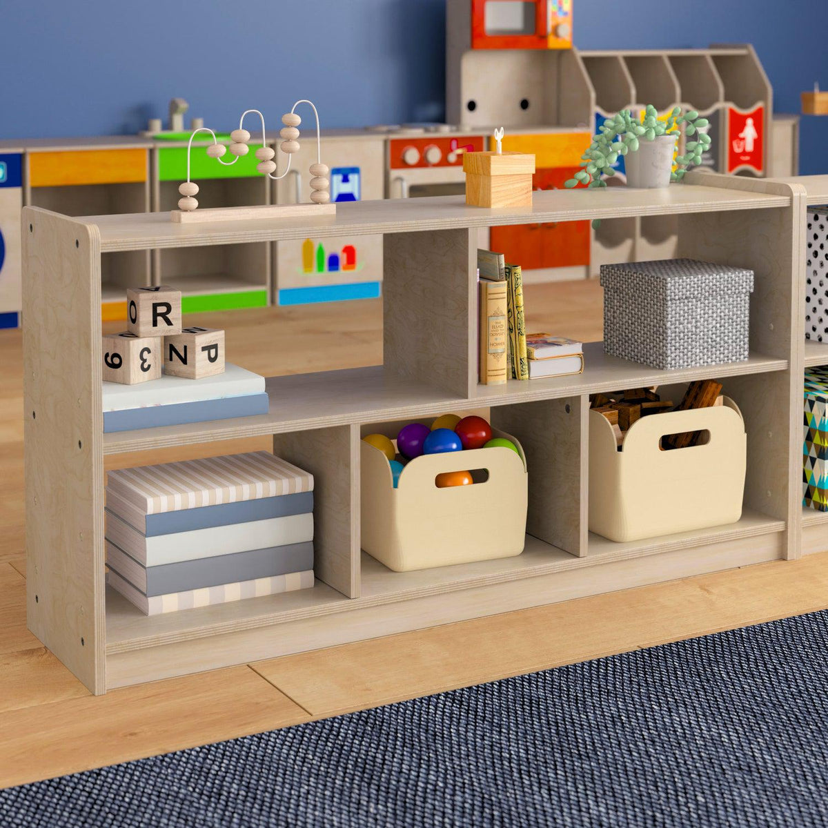 Bright Beginnings Commercial Grade Extra Wide 5 Section Modular Wooden Classroom Open Storage Unit, Natural Finish