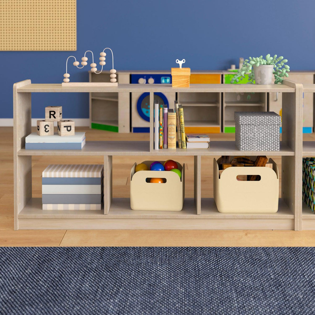 Bright Beginnings Commercial Grade Extra Wide 5 Section Modular Wooden Classroom Open Storage Unit, Natural Finish