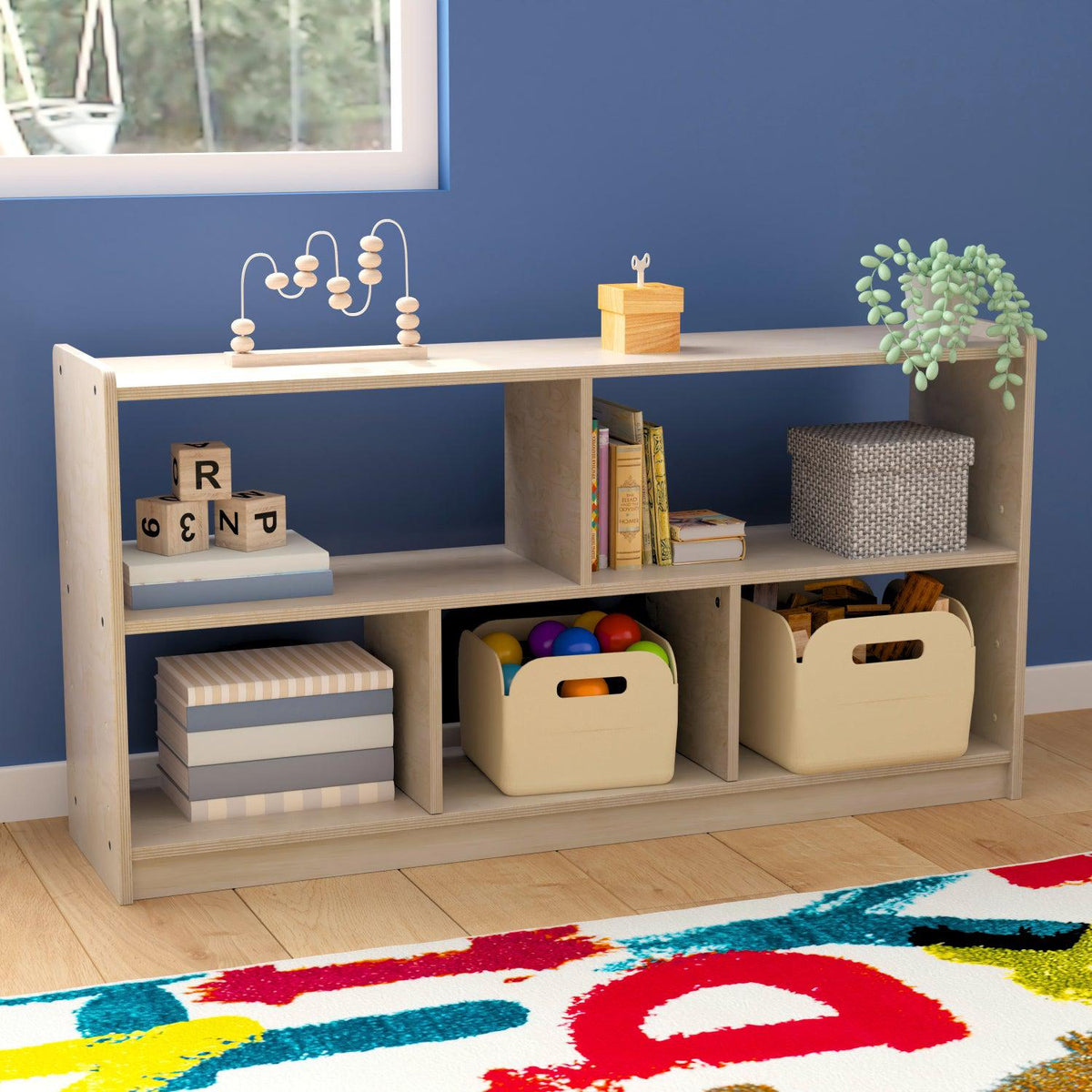 Bright Beginnings Commercial Grade Extra Wide 5 Section Modular Wooden Classroom Open Storage Unit, Natural Finish