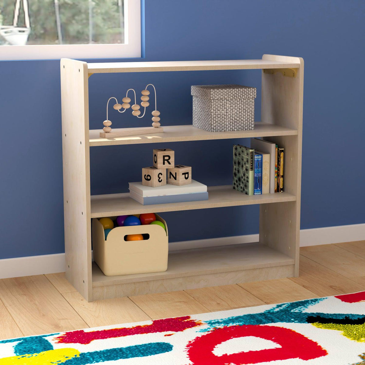 Bright Beginnings Commercial Grade 3 Shelf Wooden Classroom Open Storage Unit, Natural Finish
