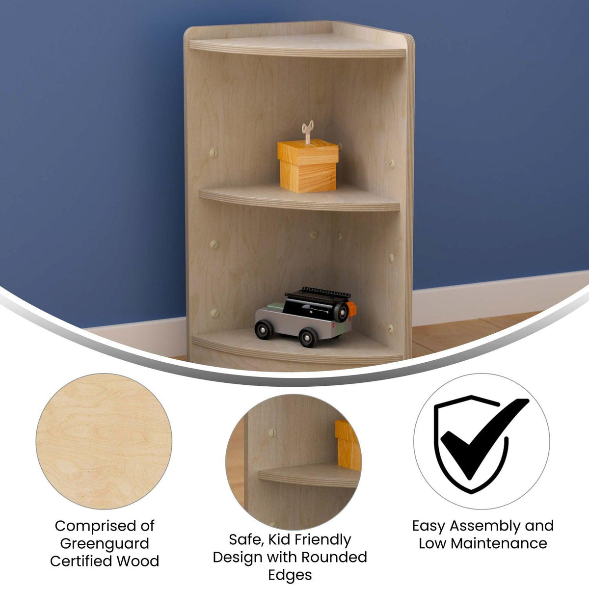 Bright Beginnings Commercial Grade 2 Tier Wooden Classroom Corner Storage Unit with Rounded Front Edges, Natural Finish