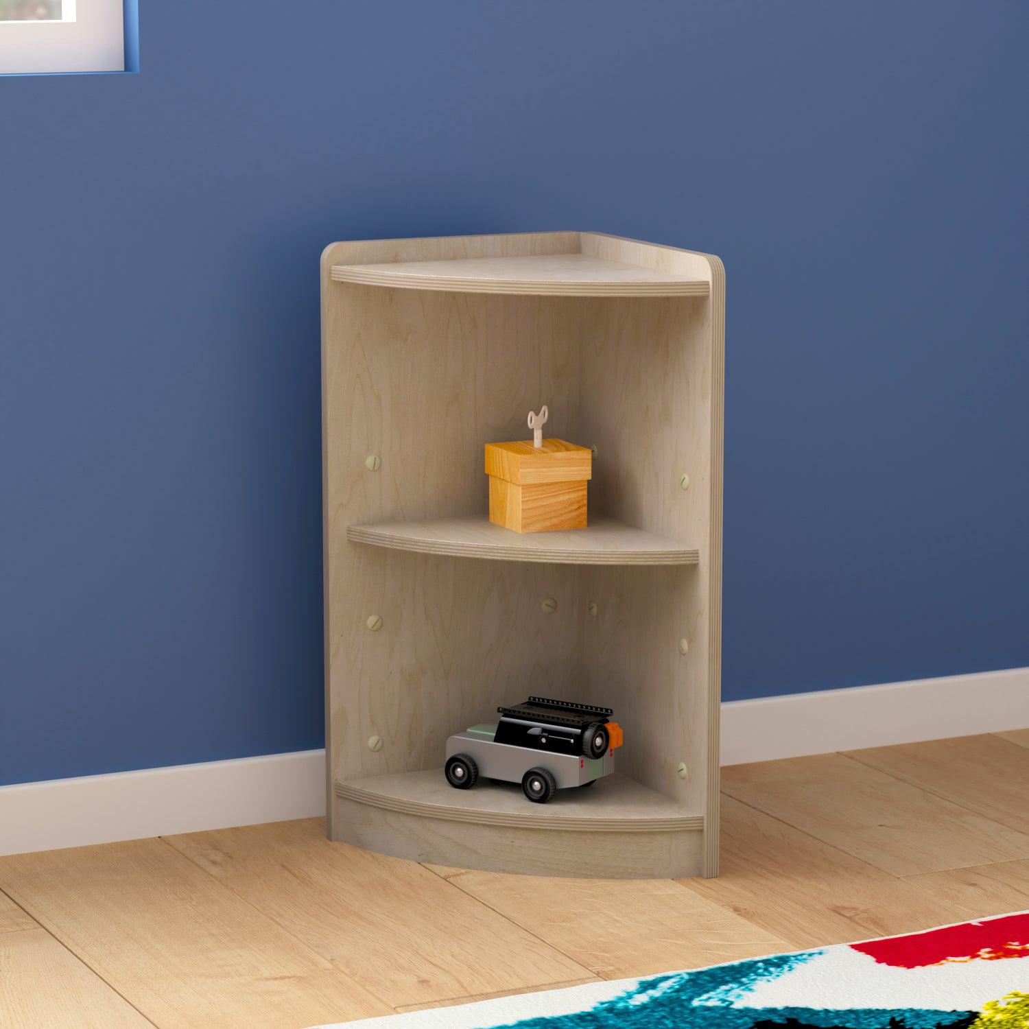 Bright Beginnings Commercial Grade 2 Tier Wooden Classroom Corner Storage Unit with Rounded Front Edges, Natural Finish