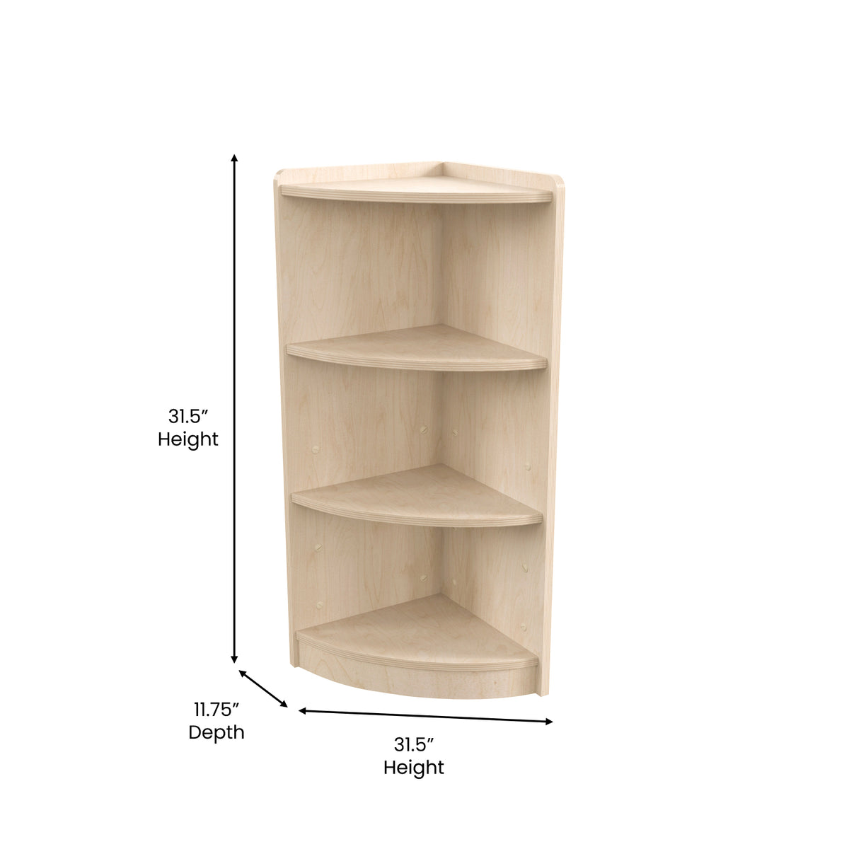 Bright Beginnings Commercial Grade 3 Tier Wooden Classroom Corner Storage Unit with Rounded Front Edges, Natural Finish