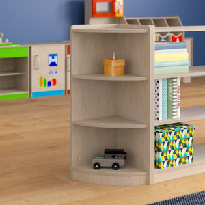 Bright Beginnings Commercial Grade 3 Tier Wooden Classroom Corner Storage Unit with Rounded Front Edges, Natural Finish