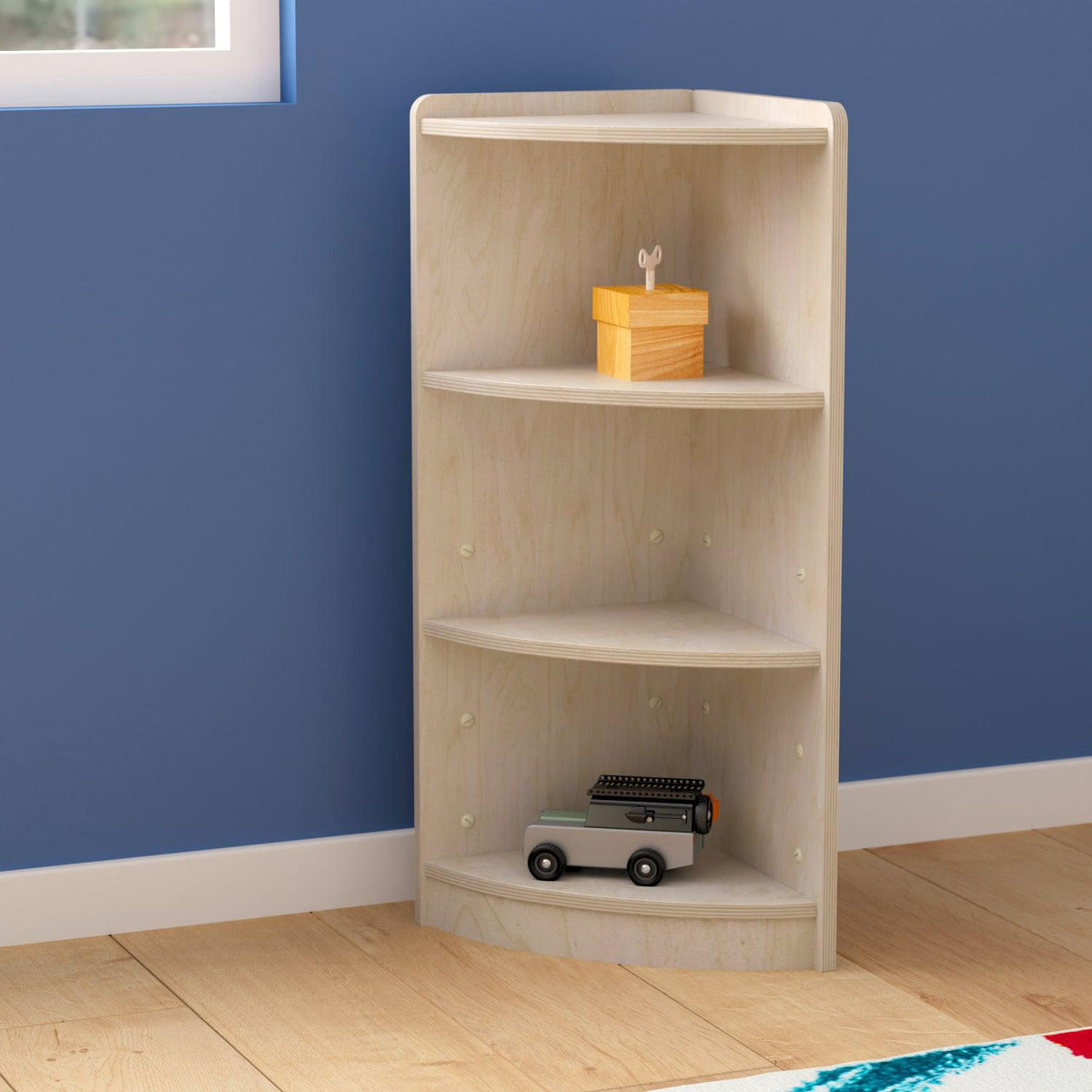 Bright Beginnings Commercial Grade 3 Tier Wooden Classroom Corner Storage Unit with Rounded Front Edges, Natural Finish