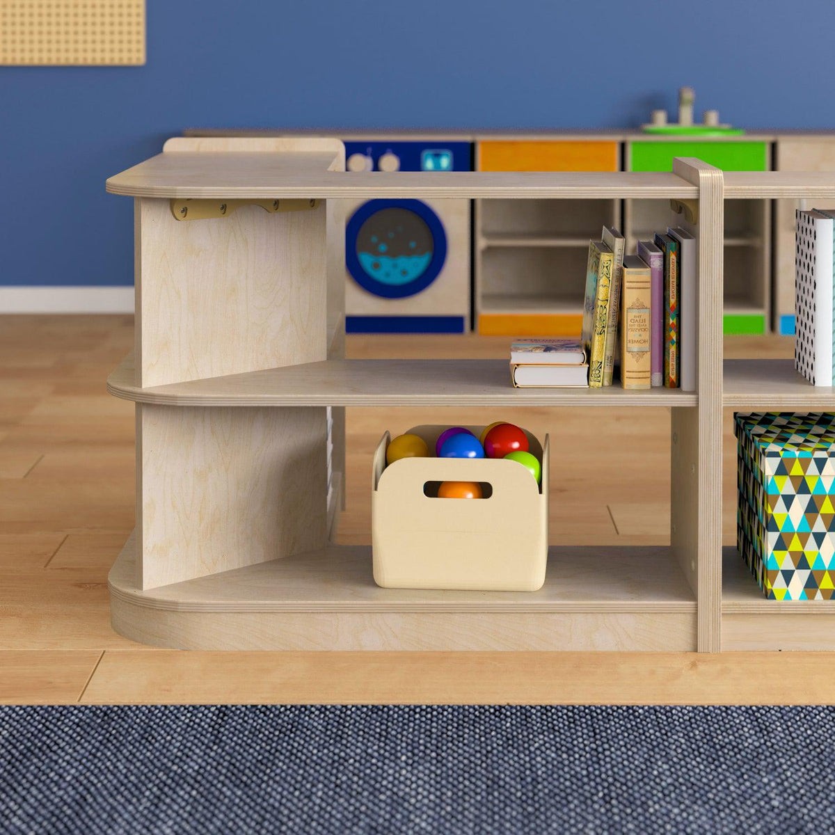 Bright Beginnings Commercial Grade 2 Tier Wooden Classroom Open Corner Storage Unit, Natural Finish