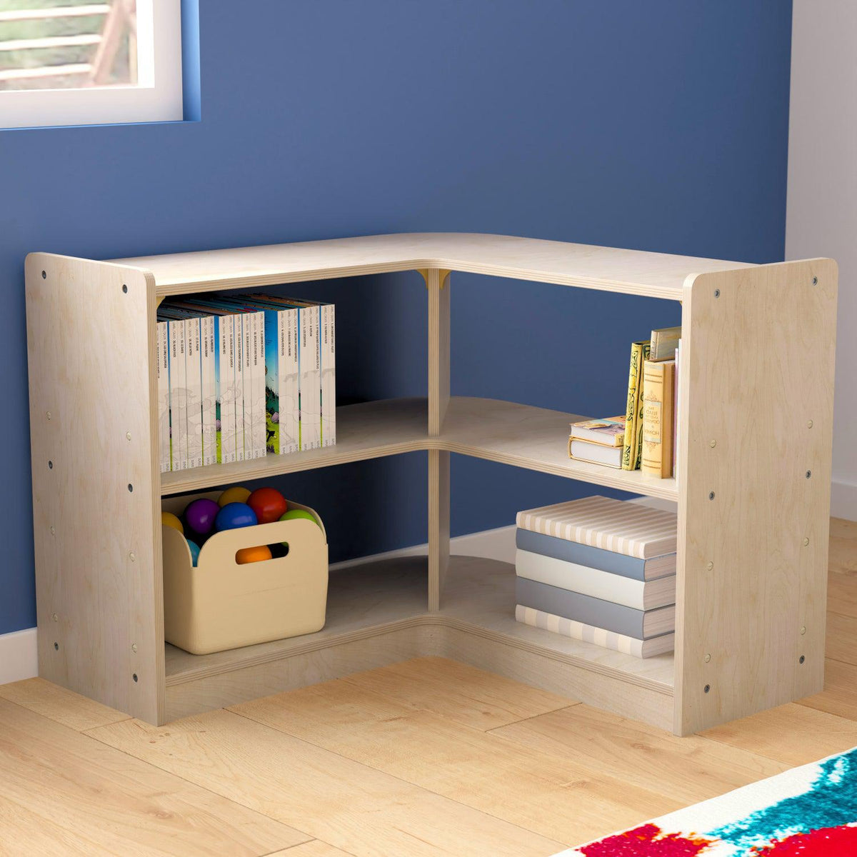 Bright Beginnings Commercial Grade 2 Tier Wooden Classroom Open Corner Storage Unit, Natural Finish