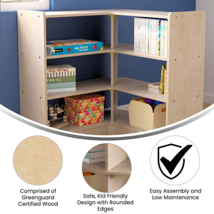 Bright Beginnings Commercial Grade 3 Tier Wooden Classroom Open Corner Storage Unit, Natural Finish
