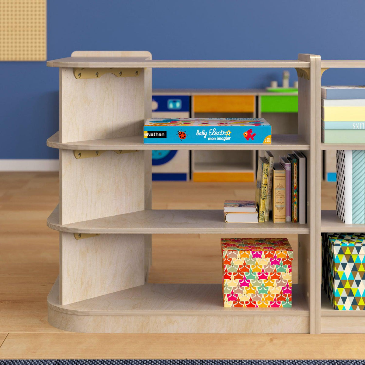 Bright Beginnings Commercial Grade 3 Tier Wooden Classroom Open Corner Storage Unit, Natural Finish