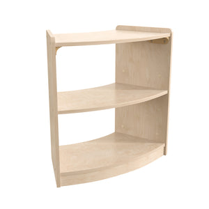 Bright Beginnings Commercial Grade Bow Front 2 Tier Wooden Classroom Open Corner Storage Unit, Natural Finish