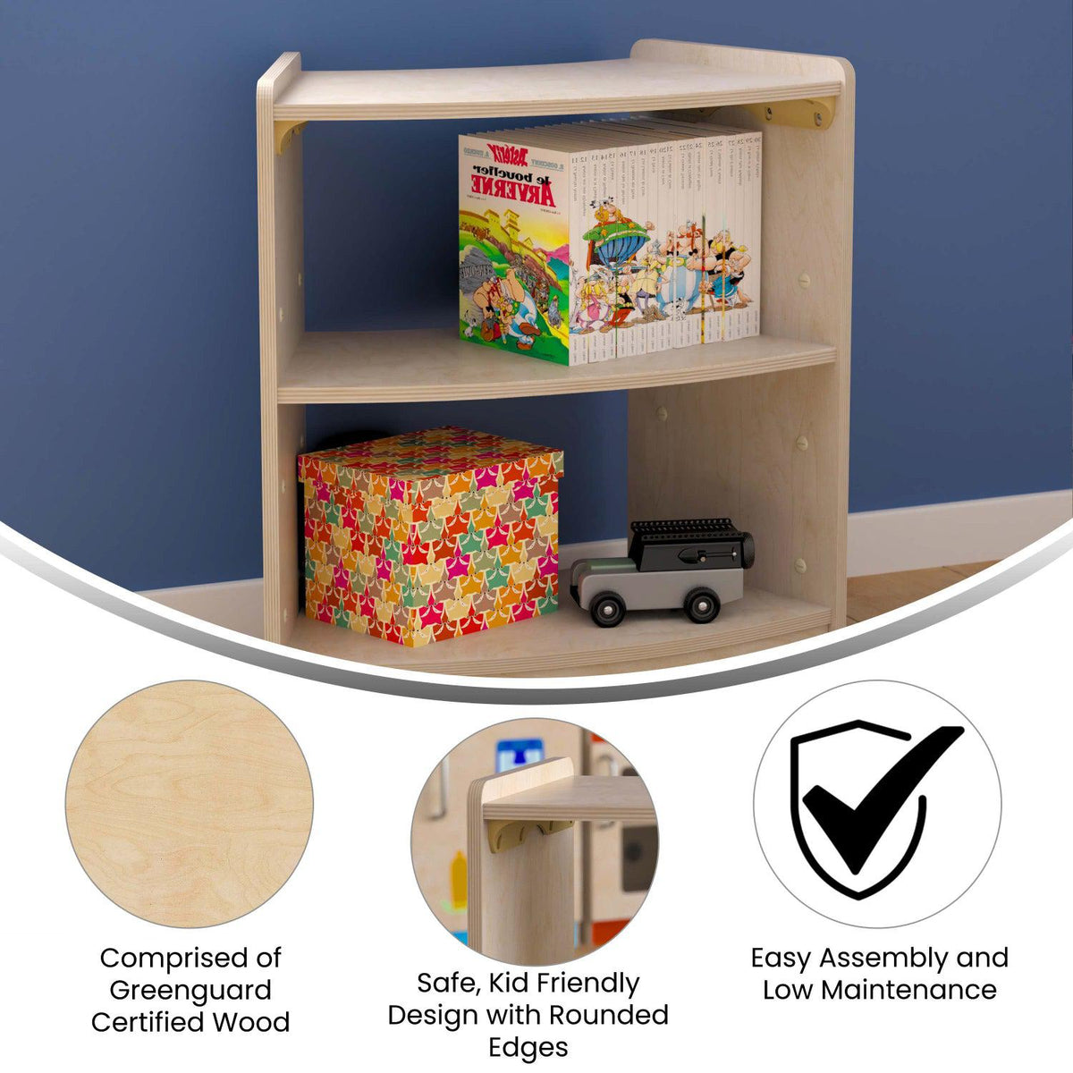 Bright Beginnings Commercial Grade Bow Front 2 Tier Wooden Classroom Open Corner Storage Unit, Natural Finish