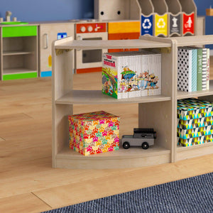 Bright Beginnings Commercial Grade Bow Front 2 Tier Wooden Classroom Open Corner Storage Unit, Natural Finish