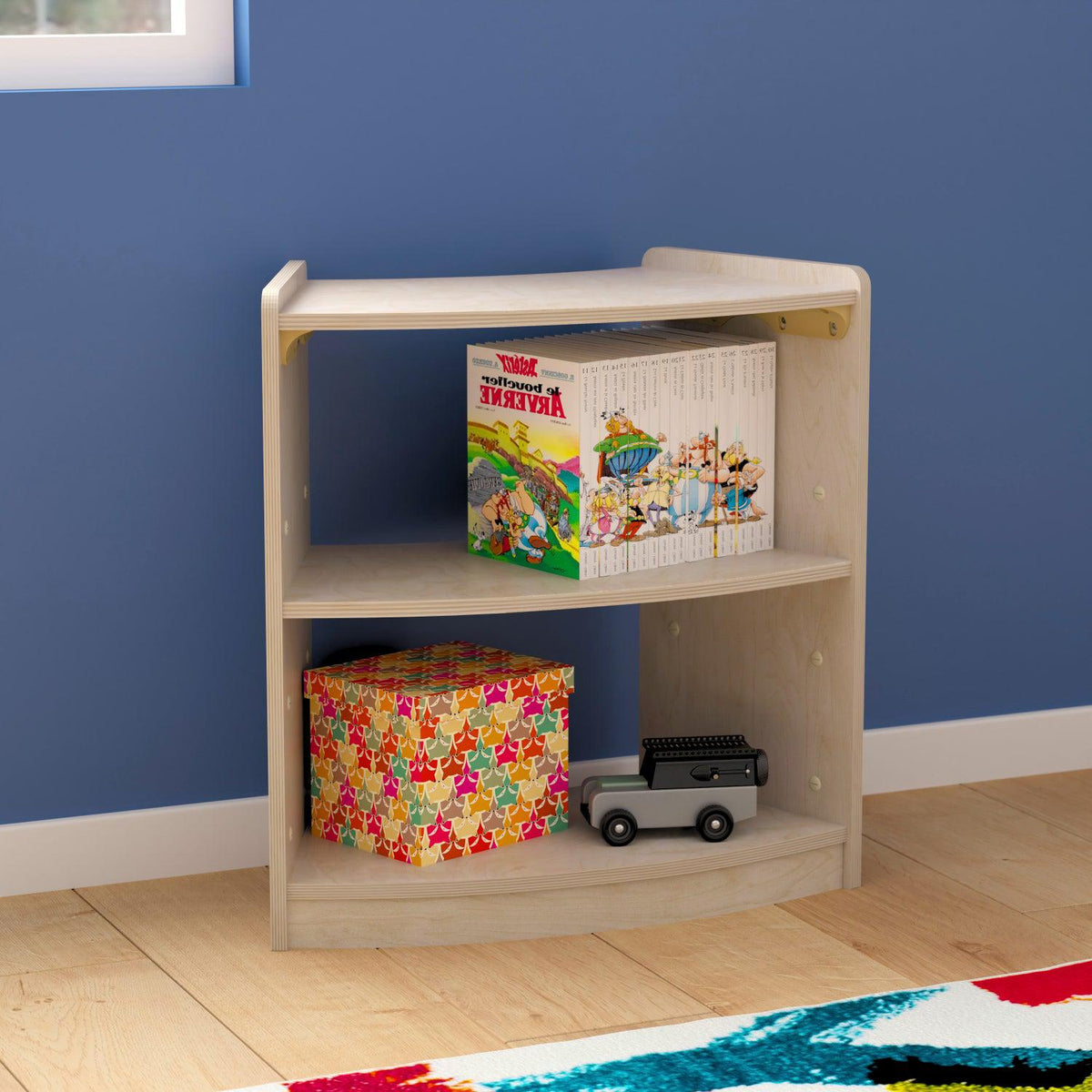 Bright Beginnings Commercial Grade Bow Front 2 Tier Wooden Classroom Open Corner Storage Unit, Natural Finish