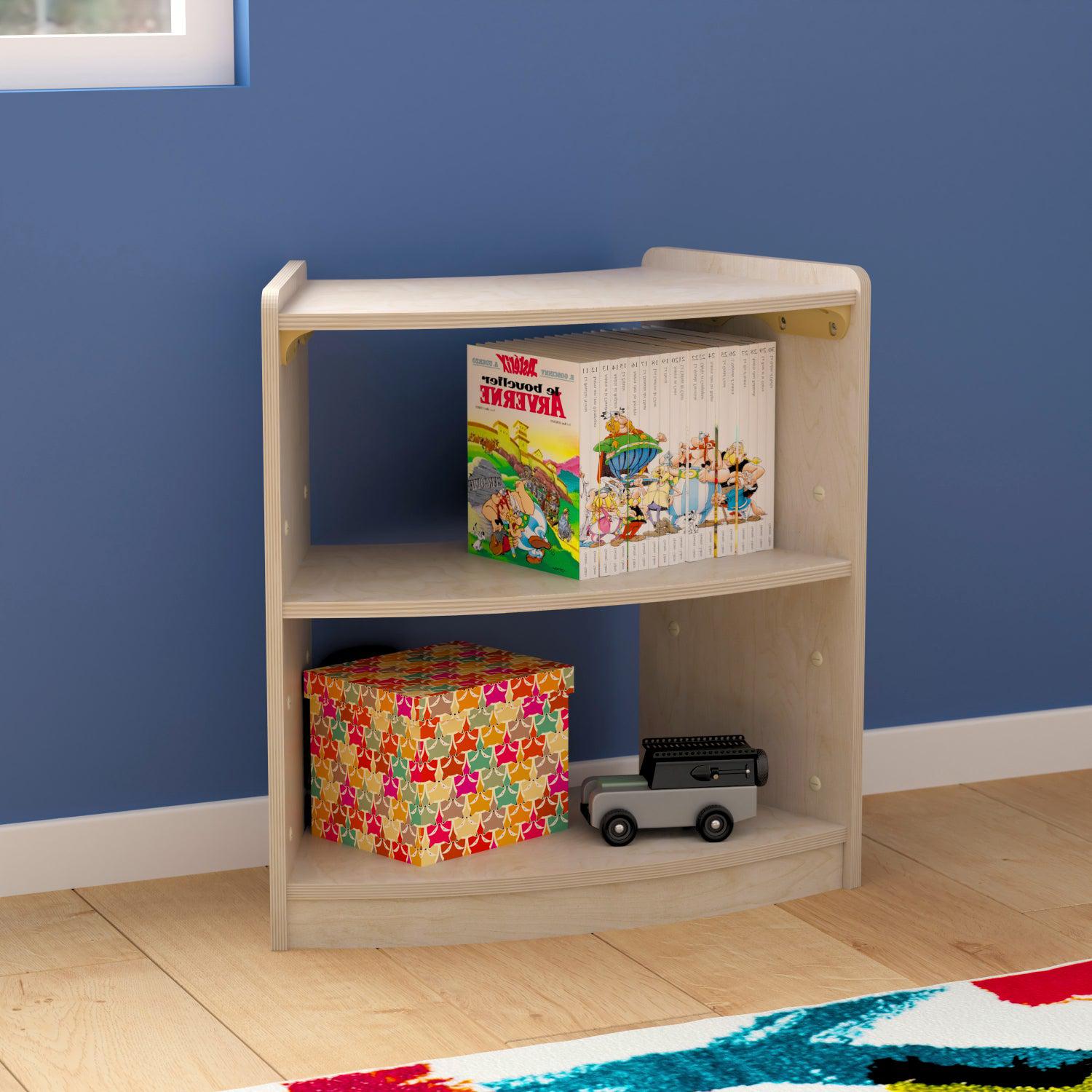 Bright Beginnings Commercial Grade Bow Front 2 Tier Wooden Classroom Open Corner Storage Unit, Natural Finish