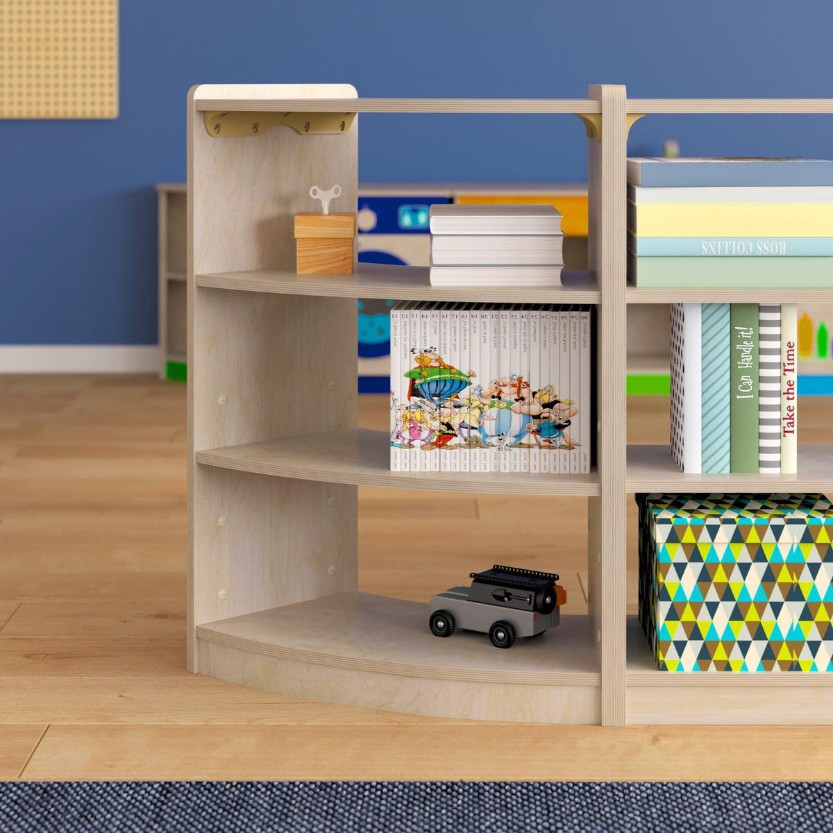 Bright Beginnings Commercial Grade Bow Front 3 Tier Wooden Classroom Open Corner Storage Unit, Natural Finish