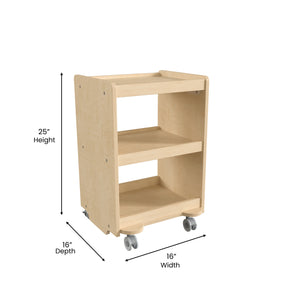 Bright Beginnings Commercial Grade Wooden Mobile Storage Cart with 3 Storage Tiers, Natural Finish