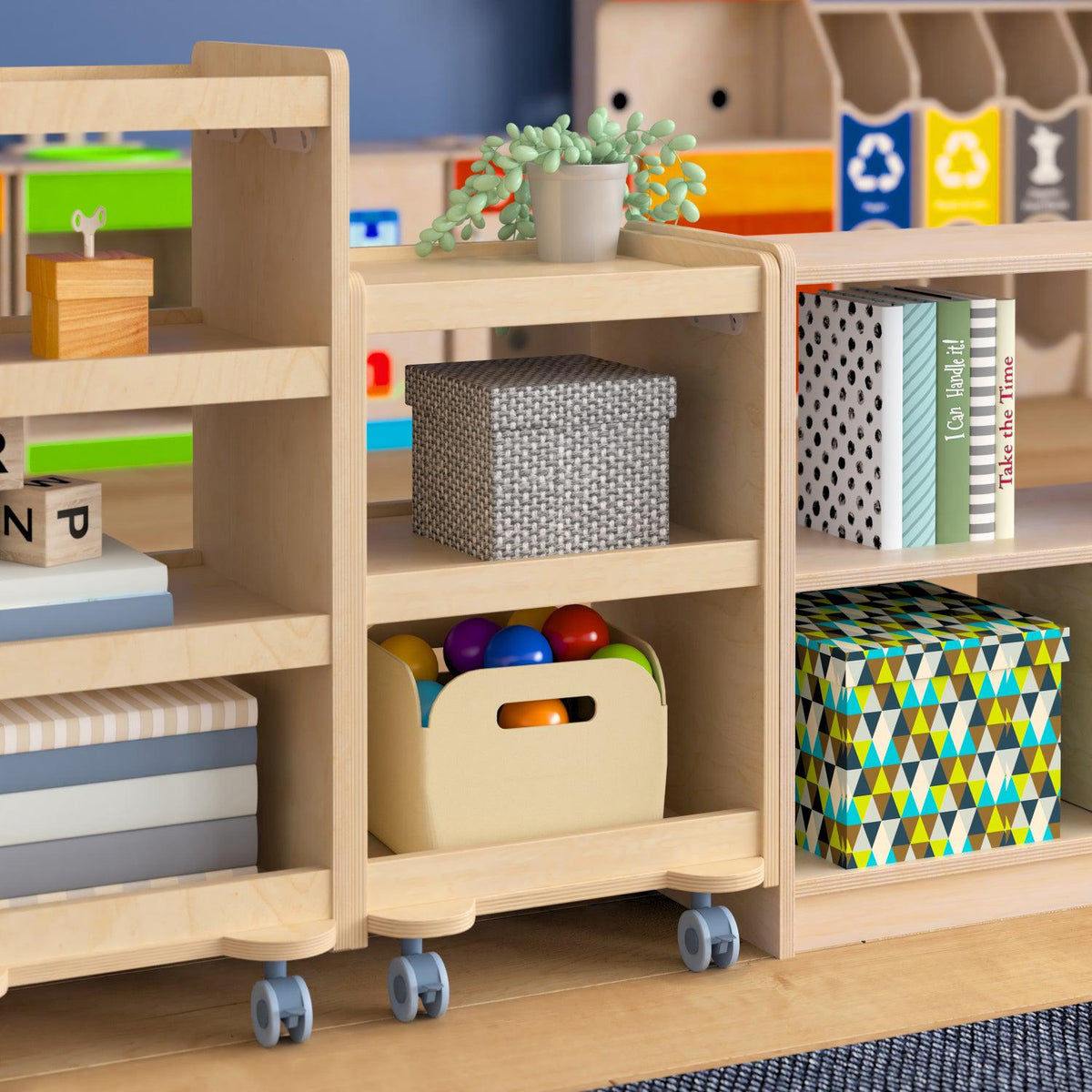 Bright Beginnings Commercial Grade Wooden Mobile Storage Cart with 3 Storage Tiers, Natural Finish