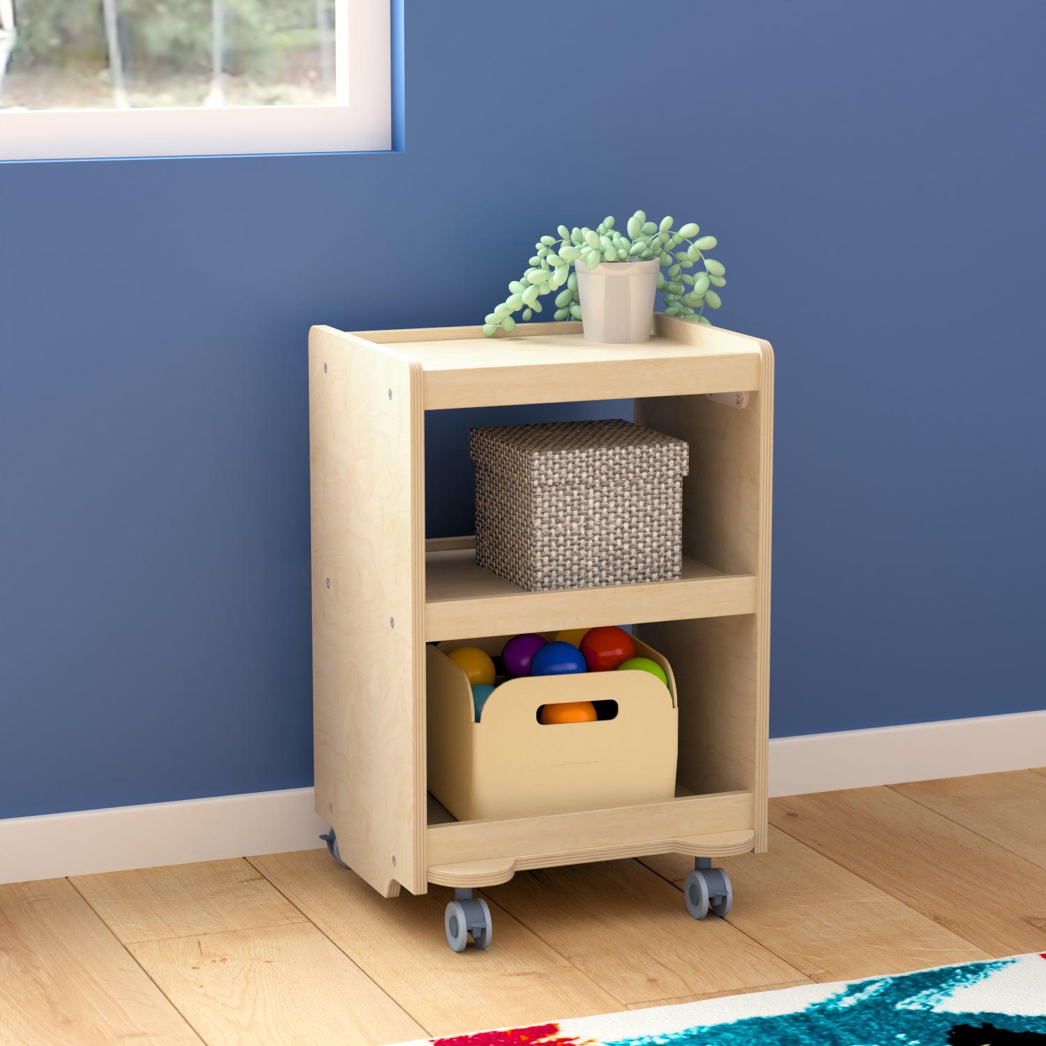 Bright Beginnings Commercial Grade Wooden Mobile Storage Cart with 3 Storage Tiers, Natural Finish