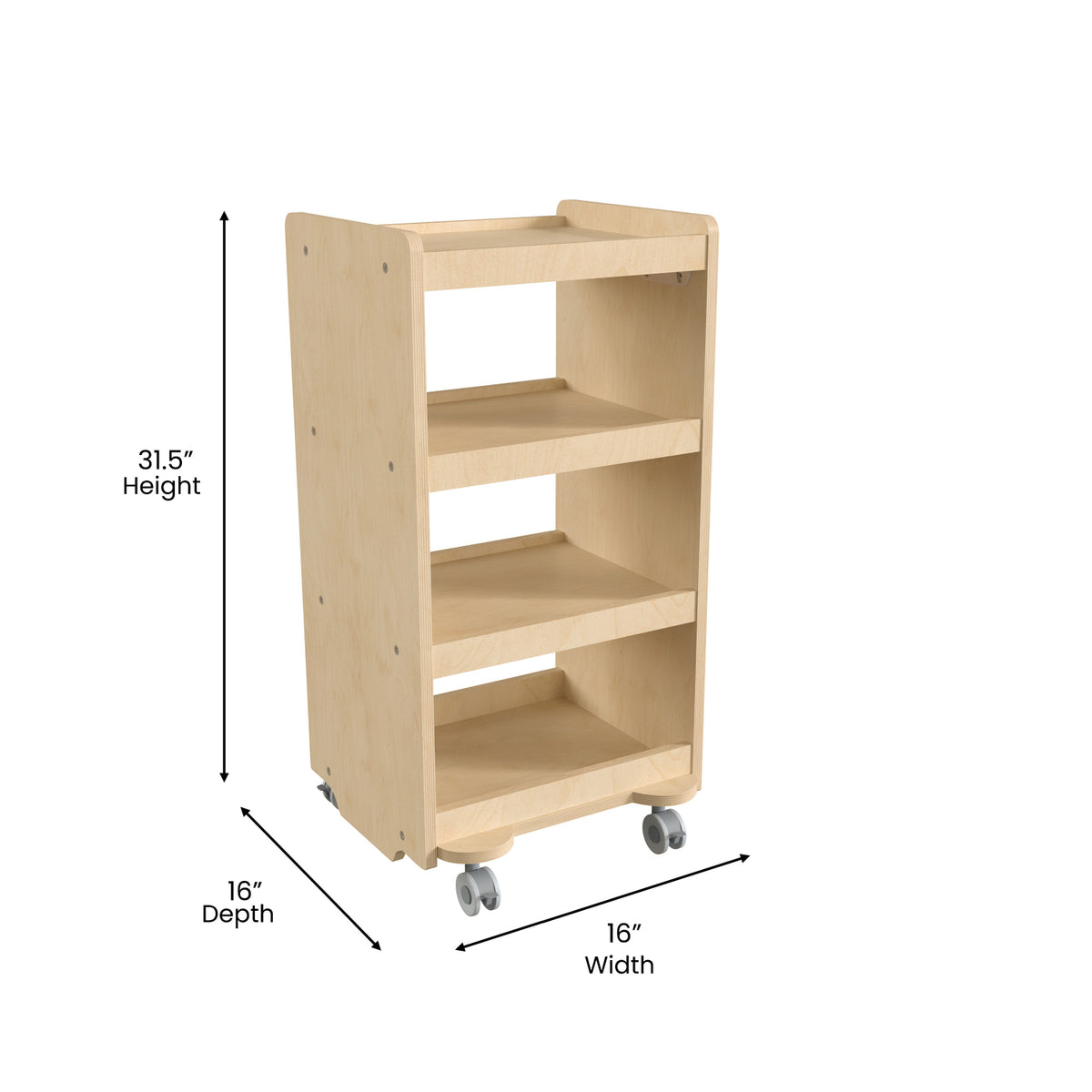 Bright Beginnings Commercial Grade Wooden Mobile Storage Cart with 4 Storage Tiers, Natural Finish