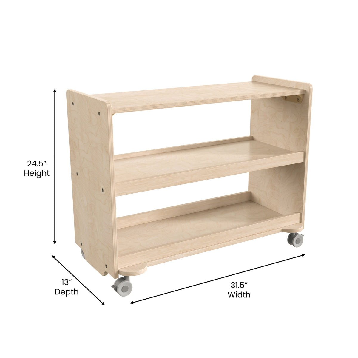 Bright Beginnings Commercial Grade Space Saving 3 Shelf Wooden Mobile Classroom Storage Cart, Natural Finish