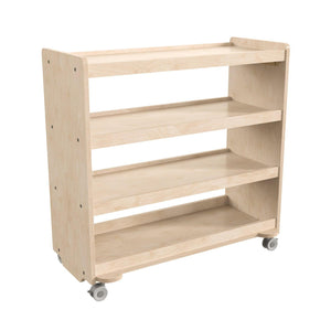 Bright Beginnings Commercial Grade Space Saving 4 Shelf Wooden Mobile Classroom Storage Cart, Natural Finish