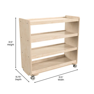 Bright Beginnings Commercial Grade Space Saving 4 Shelf Wooden Mobile Classroom Storage Cart, Natural Finish
