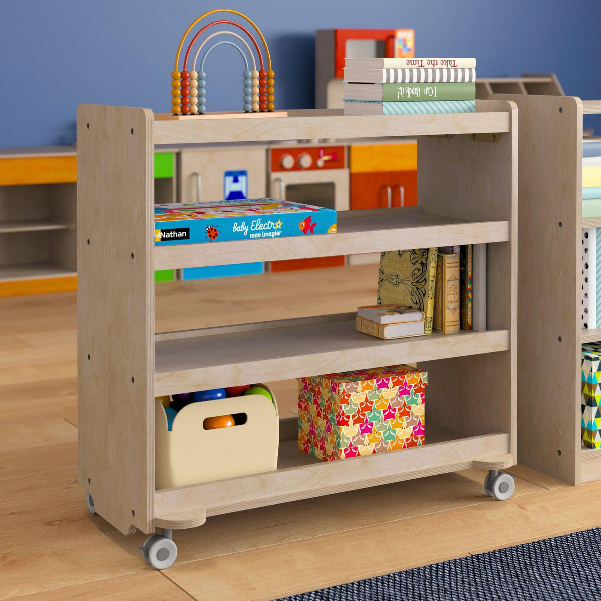 Bright Beginnings Commercial Grade Space Saving 4 Shelf Wooden Mobile Classroom Storage Cart, Natural Finish