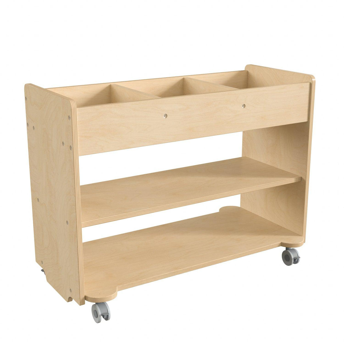 Bright Beginnings Commercial Grade Wooden Mobile Storage Cart with 3 Top Storage Cubbies and 2 Lower Shelves, Natural Finish